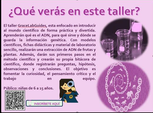 GraceLabsGuides Grace Labs Guides es un proyecto que acerca a las niñas al ADN y al método científico mediante experimentos caseros con plantas y frutas. Busca despertar curiosidad, confianza y vocaciones científicas, sembrando en ellas la idea de que pueden investigar y